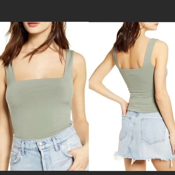 Leith Square Neck Tank Top Tee Green Solid Shirt - Picture 1 of 6